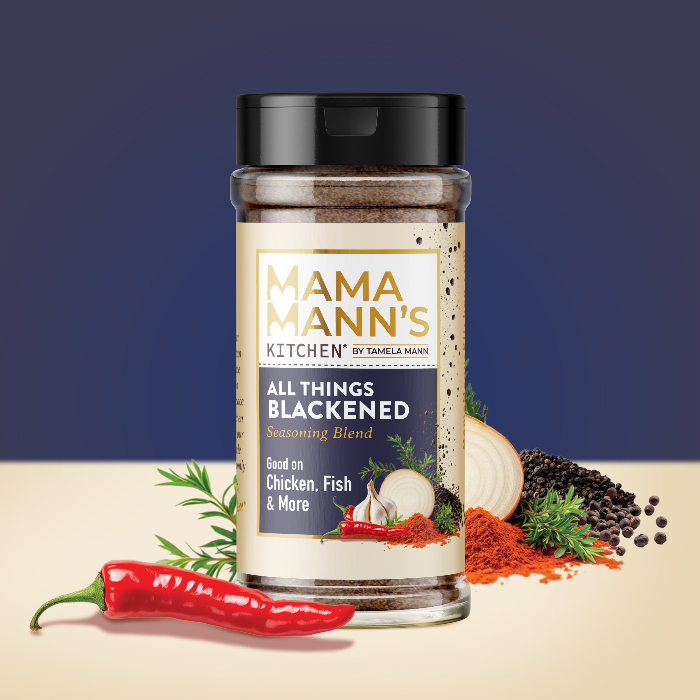 Mama Mann's Kitchen seasoning blend jar with ingredients on a blue and beige background
