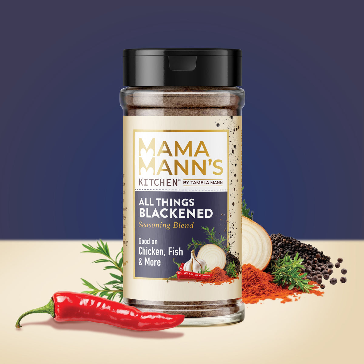 Mama Mann's Kitchen seasoning blend jar with ingredients on a blue and beige background