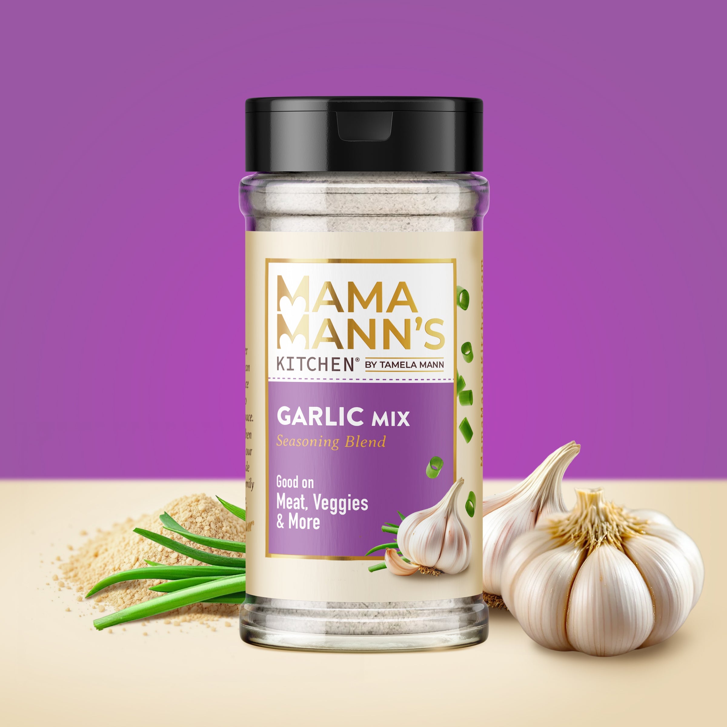 Mama Mann's Kitchen Garlic Mix jar with garlic bulbs and green onions on a purple background