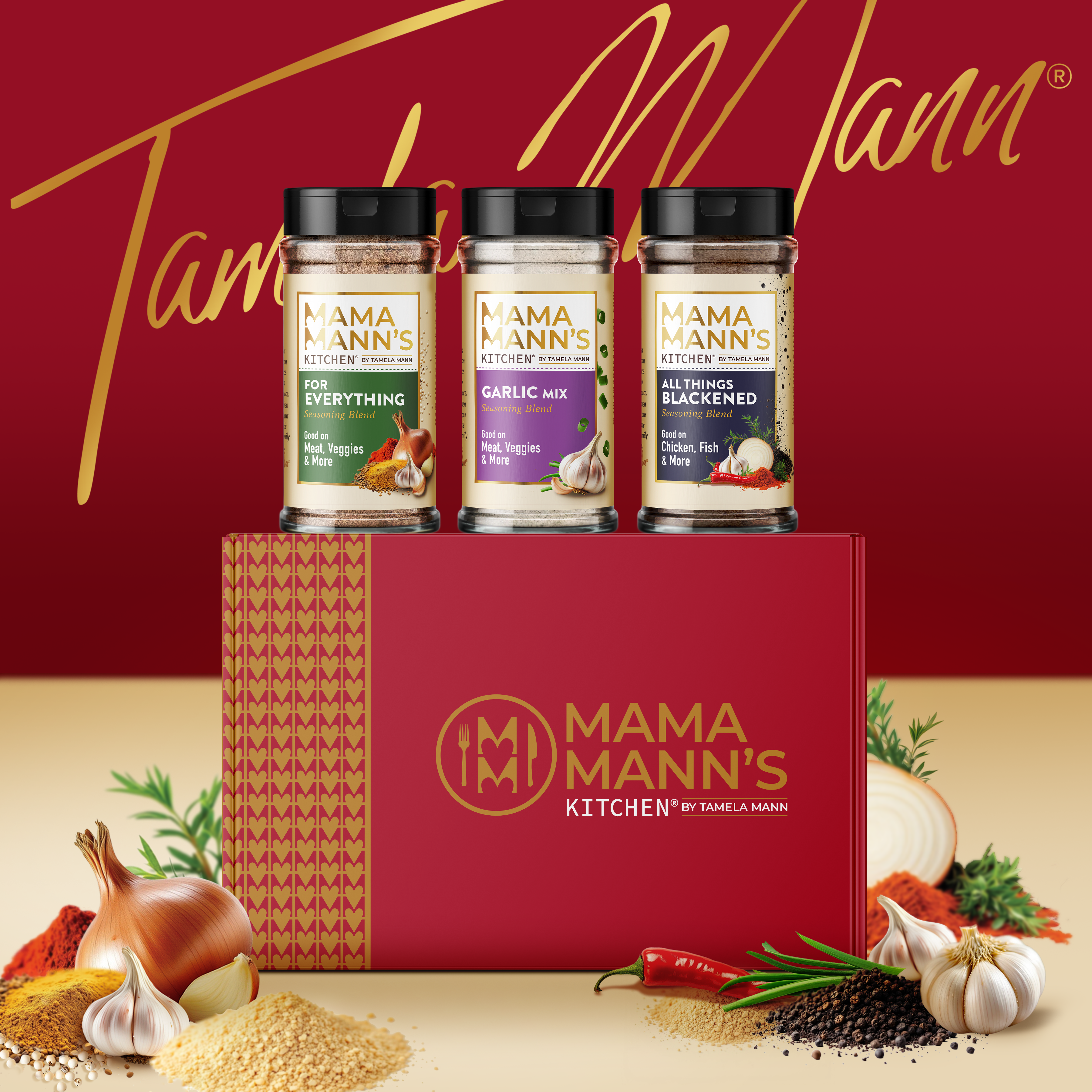 Mama Mann's seasoning jars with a red box on a beige background