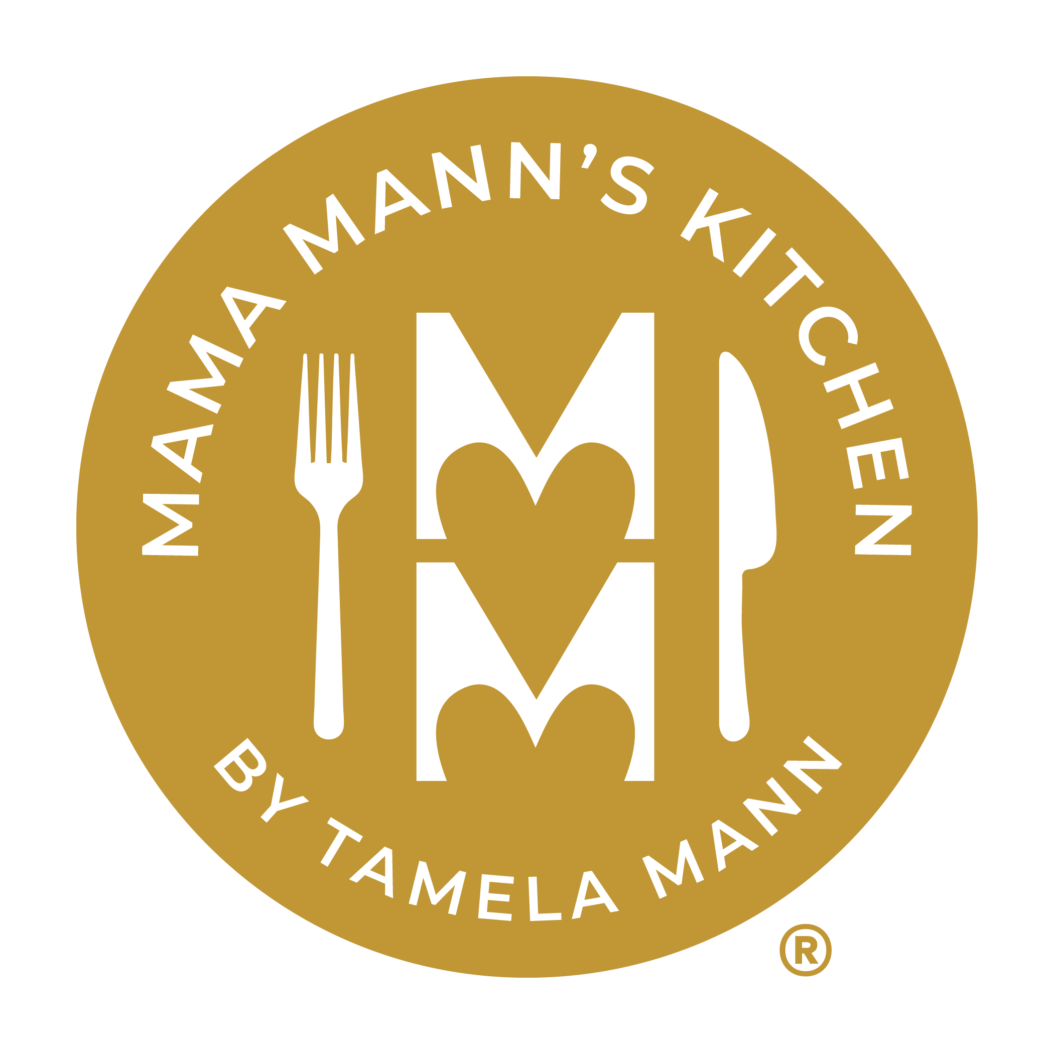 Logo of Mama Mann's Kitchen by Tamela Mann with a gold background and white text and icons.