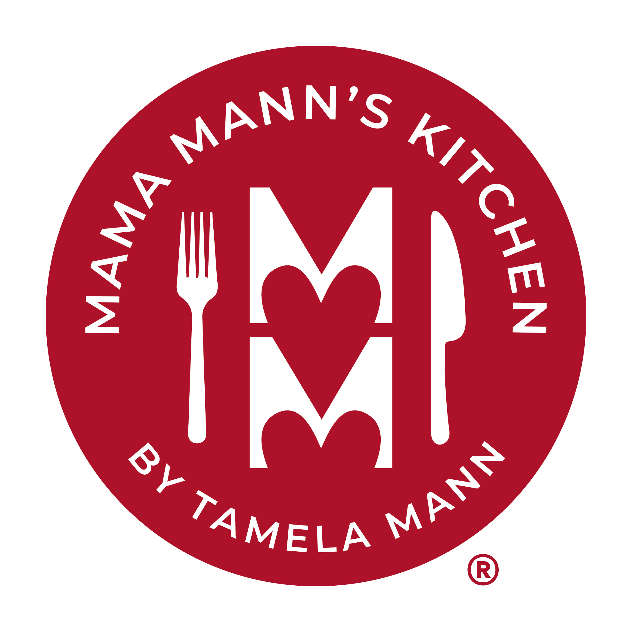 Mama Mann's Kitchen logo with a red circle, fork, knife, heart, and 'M' symbol on a white background.